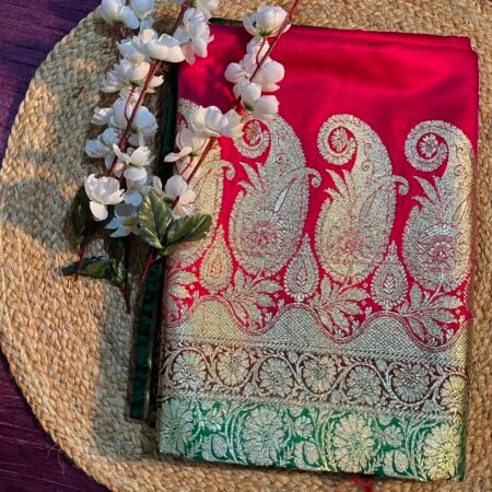 Radiant Red and Green Banarasi Saree with Gold Paisley Embroidery