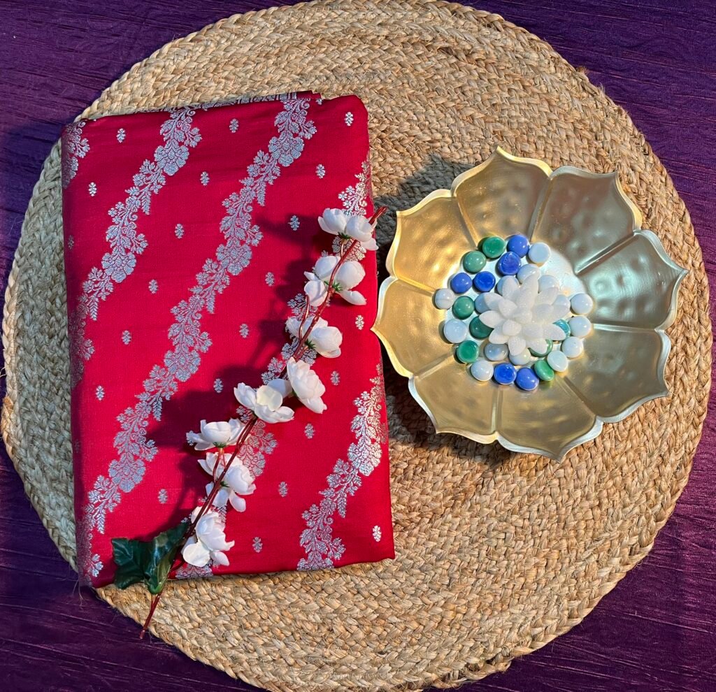 Maroon Katan Banarasi Silk Saree with Silver Floral Embroidery