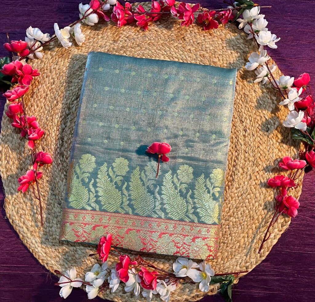 Exquisite Grey and Red Banarasi Saree with Golden Floral Designs
