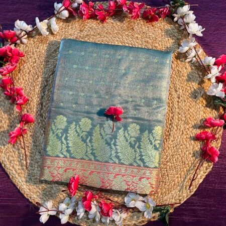 Exquisite Grey and Red Banarasi Saree with Golden Floral Designs